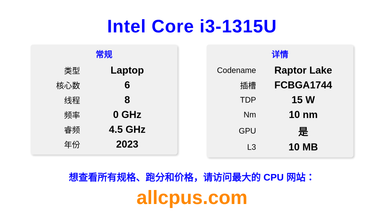 Intel Core i3-1315U CPU 规格和跑分