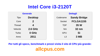 Intel Core i3-2120T Specifiche e benchmark della CPU