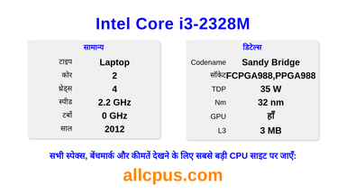 Intel Core i3-2328M CPU की स्पेसिफिकेशन और बेंचमार्क