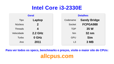 Intel Core i3-2330E Especificações e benchmarks da CPU