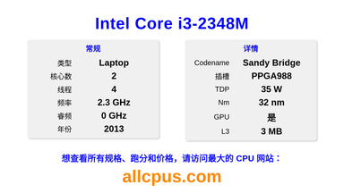 Intel Core i3-2348M CPU 规格和跑分