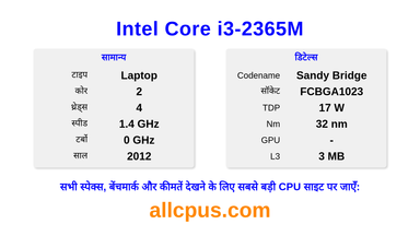 Intel Core i3-2365M CPU की स्पेसिफिकेशन और बेंचमार्क
