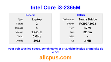 Intel Core i3-2365M Spécifications et benchmarks du CPU
