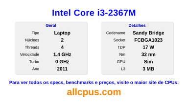 Intel Core i3-2367M Especificações e benchmarks da CPU