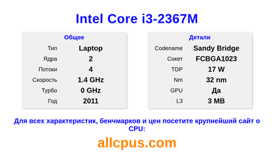 Intel Core i3-2367M Характеристики и бенчмарки CPU