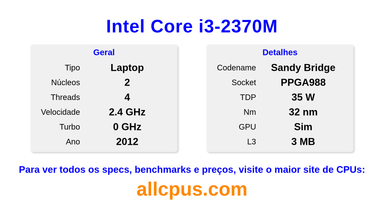 Intel Core i3-2370M Especificações e benchmarks da CPU
