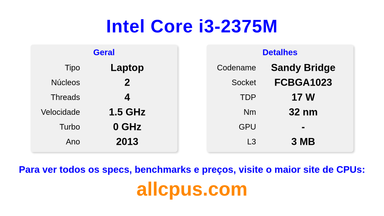 Intel Core i3-2375M Especificações e benchmarks da CPU