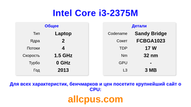 Intel Core i3-2375M Характеристики и бенчмарки CPU