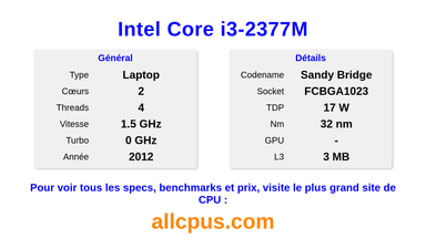 Intel Core i3-2377M Spécifications et benchmarks du CPU