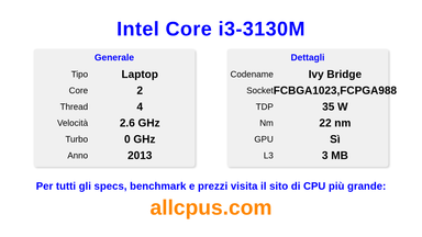 Intel Core i3-3130M Specifiche e benchmark della CPU