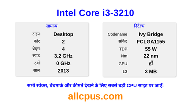 Intel Core i3-3210 CPU की स्पेसिफिकेशन और बेंचमार्क