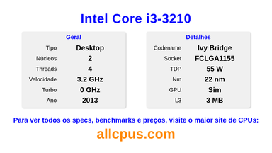 Intel Core i3-3210 Especificações e benchmarks da CPU