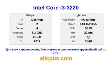 Intel Core i3-3220 Характеристики и бенчмарки CPU