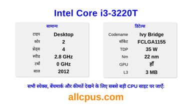 Intel Core i3-3220T CPU की स्पेसिफिकेशन और बेंचमार्क