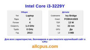 Intel Core i3-3229Y Характеристики и бенчмарки CPU