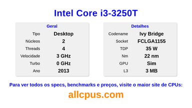 Intel Core i3-3250T Especificações e benchmarks da CPU
