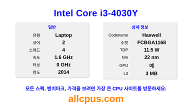 Intel Core i3-4030Y CPU 사양과 벤치마크