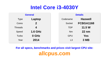 Intel Core i3-4030Y CPU Specifications and Benchmark
