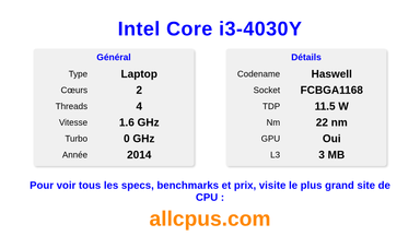 Intel Core i3-4030Y Spécifications et benchmarks du CPU