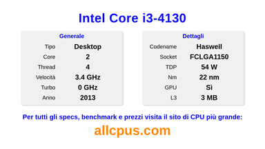 Intel Core i3-4130 Specifiche e benchmark della CPU
