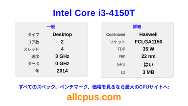 Intel Core i3-4150T CPUの仕様とベンチマーク