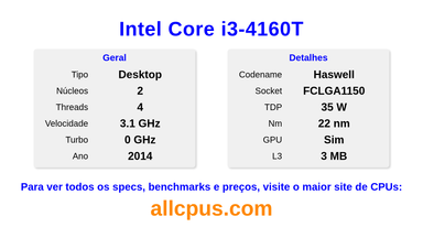 Intel Core i3-4160T Especificações e benchmarks da CPU