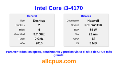 Intel Core i3-4170 Especificaciones y benchmarks de la CPU