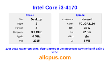 Intel Core i3-4170 Характеристики и бенчмарки CPU