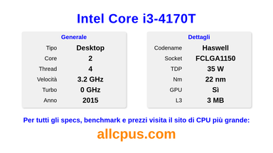 Intel Core i3-4170T Specifiche e benchmark della CPU