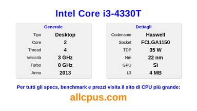 Intel Core i3-4330T Specifiche e benchmark della CPU