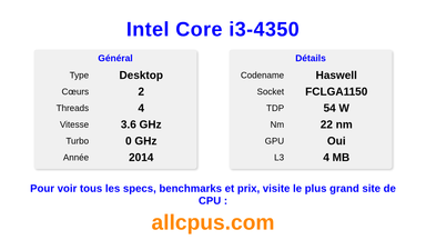 Intel Core i3-4350 Spécifications et benchmarks du CPU