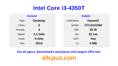 Intel Core i3-4350T CPU Specifications and Benchmark