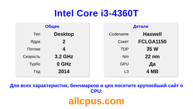 Intel Core i3-4360T Характеристики и бенчмарки CPU