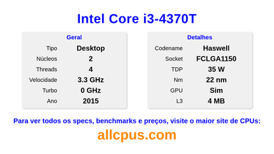 Intel Core i3-4370T Especificações e benchmarks da CPU