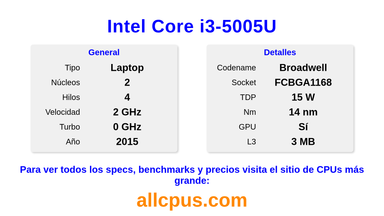Intel Core i3-5005U Especificaciones y benchmarks de la CPU