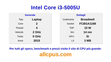 Intel Core i3-5005U Specifiche e benchmark della CPU
