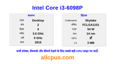 Intel Core i3-6098P CPU की स्पेसिफिकेशन और बेंचमार्क