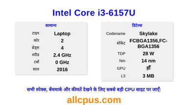 Intel Core i3-6157U CPU की स्पेसिफिकेशन और बेंचमार्क