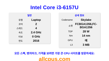 Intel Core i3-6157U CPU 사양과 벤치마크