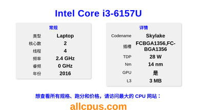 Intel Core i3-6157U CPU 规格和跑分