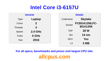 Intel Core i3-6157U CPU Specifications and Benchmark