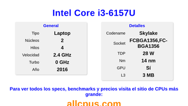 Intel Core i3-6157U Especificaciones y benchmarks de la CPU