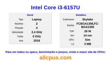 Intel Core i3-6157U Especificações e benchmarks da CPU
