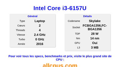 Intel Core i3-6157U Spécifications et benchmarks du CPU