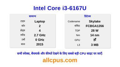 Intel Core i3-6167U CPU की स्पेसिफिकेशन और बेंचमार्क