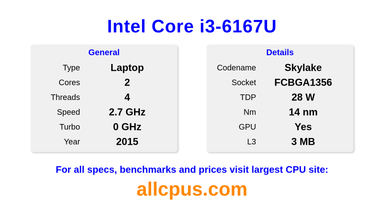 Intel Core i3-6167U CPU Specifications and Benchmark