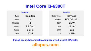 Intel Core i3-6300T CPU Specifications and Benchmark
