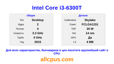 Intel Core i3-6300T Характеристики и бенчмарки CPU