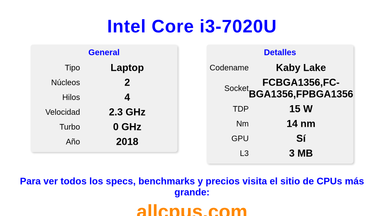 Intel Core i3-7020U Especificaciones y benchmarks de la CPU