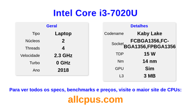 Intel Core i3-7020U Especificações e benchmarks da CPU